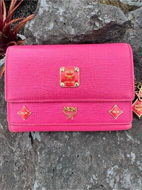 MCM Hot Pink Leather Trifold Wallet Charm Detail with COA